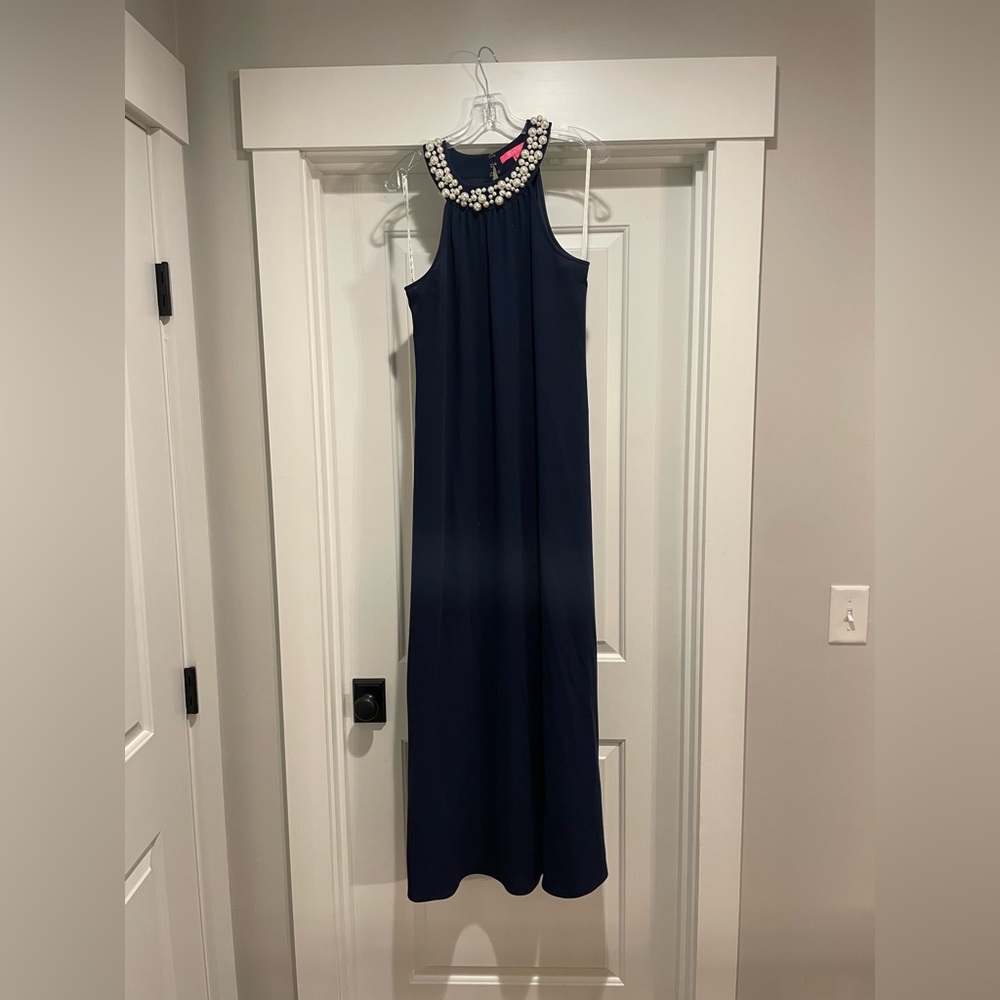 Lilly Pulitzer maxi dress navy blue with pearl neck line